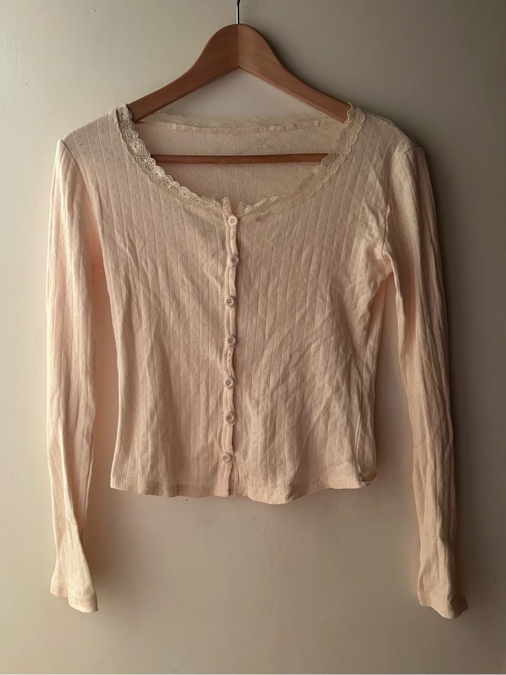 Ladies Lace-Trim Button-Front Long Sleeve Top — Cream
